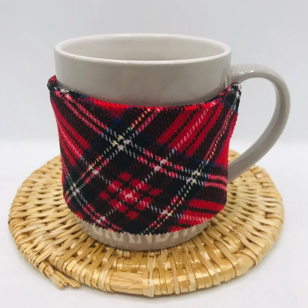 Handmade Mug Cozy, Plaid Corduroy Red Black, Hot Beverage Cozy, Stocking Stuffer
